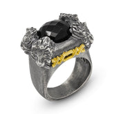 CROWN OF LIONS AGEDS SILVER 18K GOLD ONYX MENS RING