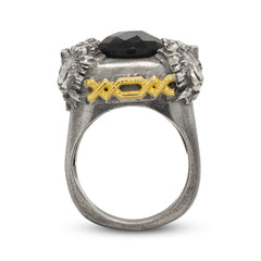 CROWN OF LIONS AGEDS SILVER 18K GOLD ONYX MENS RING
