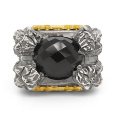 CROWN OF LIONS AGEDS SILVER 18K GOLD ONYX MENS RING