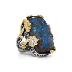 PEACE LOVE HAPPINESS CARVED LABRADORITE FLORAL RING