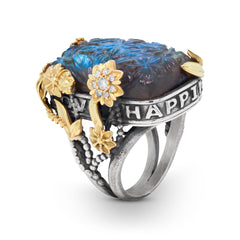 PEACE LOVE HAPPINESS CARVED LABRADORITE FLORAL RING