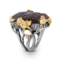 PEACE LOVE HAPPINESS CARVED LABRADORITE FLORAL RING