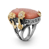 PEACE LOVE HAPPINESS CARVED PEACH MOONSTONE FLORAL RING