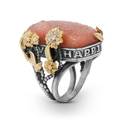 PEACE LOVE HAPPINESS CARVED PEACH MOONSTONE FLORAL RING
