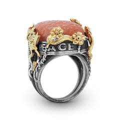 PEACE LOVE HAPPINESS CARVED PEACH MOONSTONE FLORAL RING