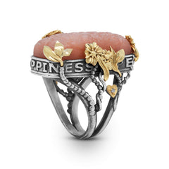 PEACE LOVE HAPPINESS CARVED PEACH MOONSTONE FLORAL RING