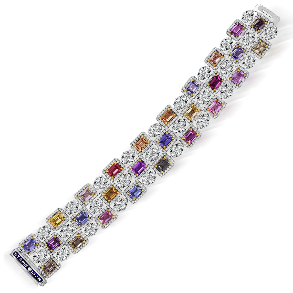 One of a Kind no heat multi-color sapphire and diamond three-row bracelet in 18K white gold, top-down view