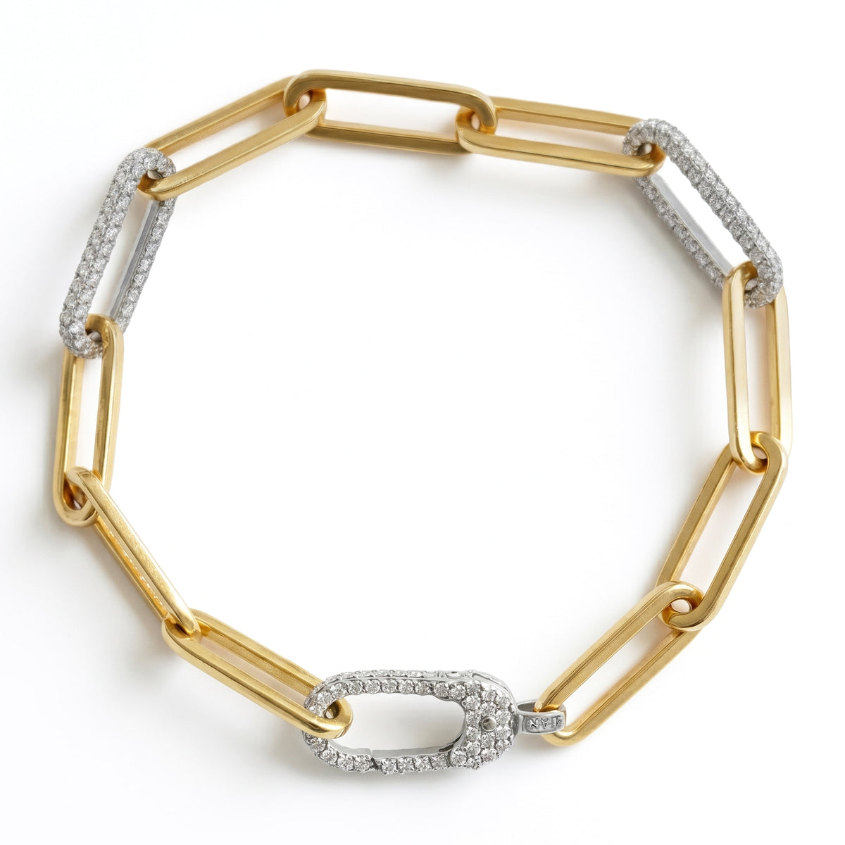 Paper clip link bracelet in 18K two-tone gold with diamond links and diamond clasp, top-down view