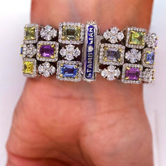MULTI COLOR NO-HEAT SAPPHIRE DIAMOND THREE ROW BRACELET - Stambolian | House of Jewels
