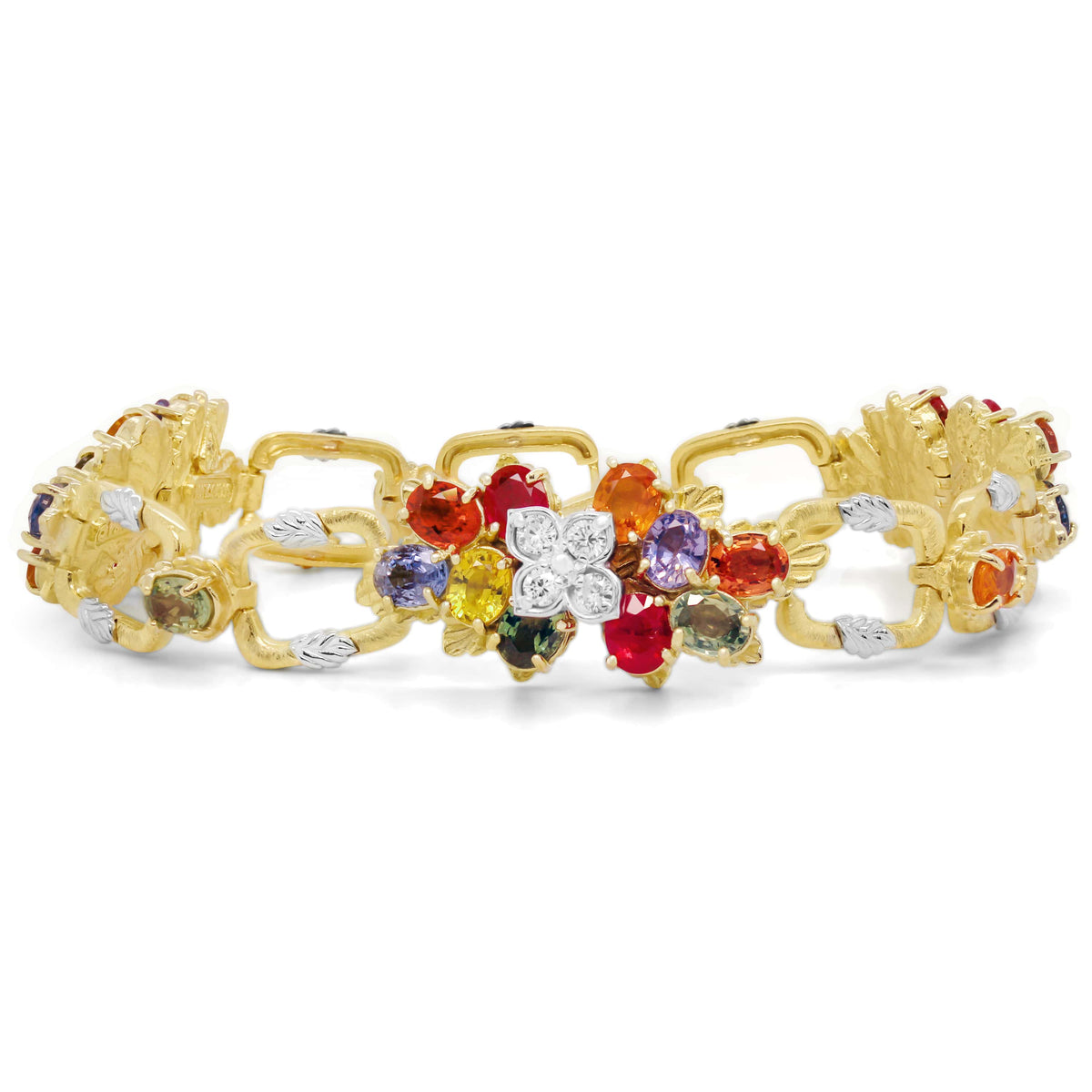 "Enchanted Garden" 18K two-tone gold bracelet with multi-color sapphires and diamond flower, front view