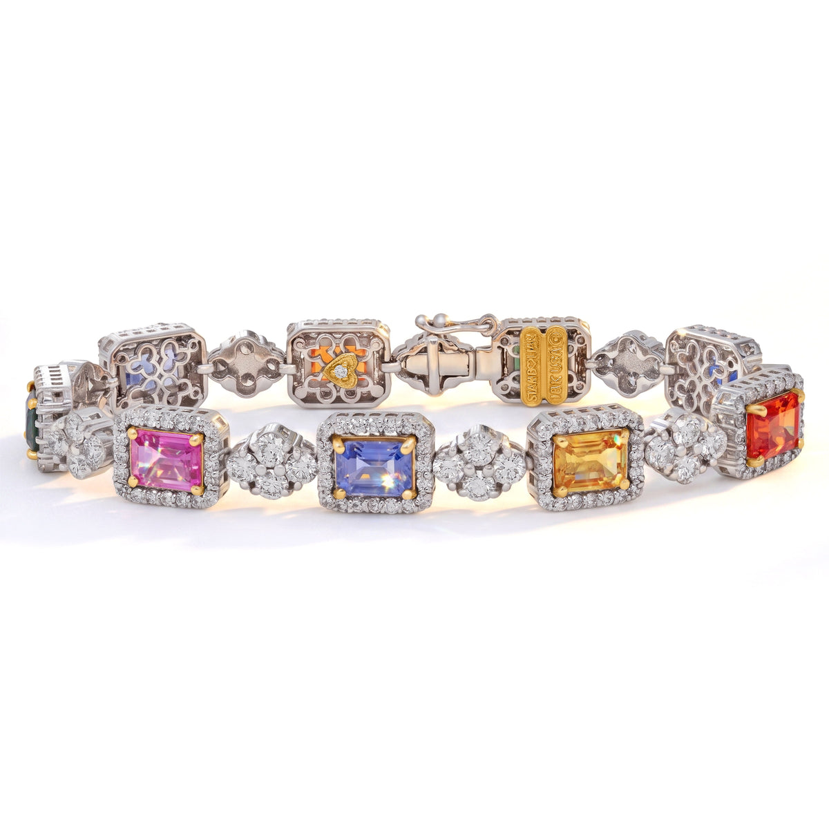 One of a kind multi color sapphire and diamond bracelet in 18K white gold, front view showing the clasp