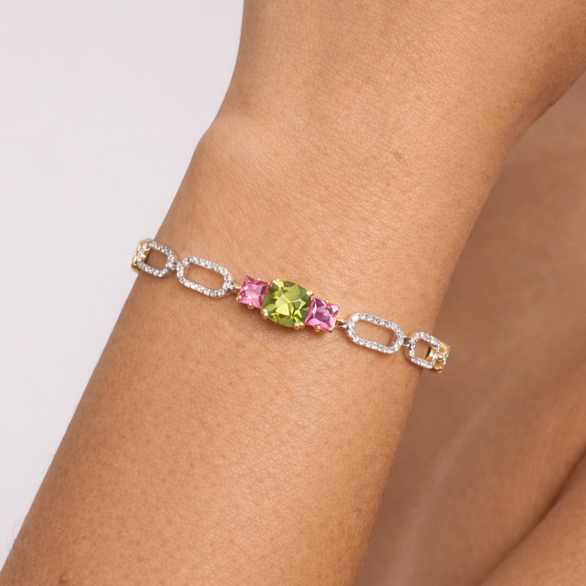 Stambolian Happiness 18K Gold Peridot and Pink Sapphire Diamond Link Bracelet Overhead View
