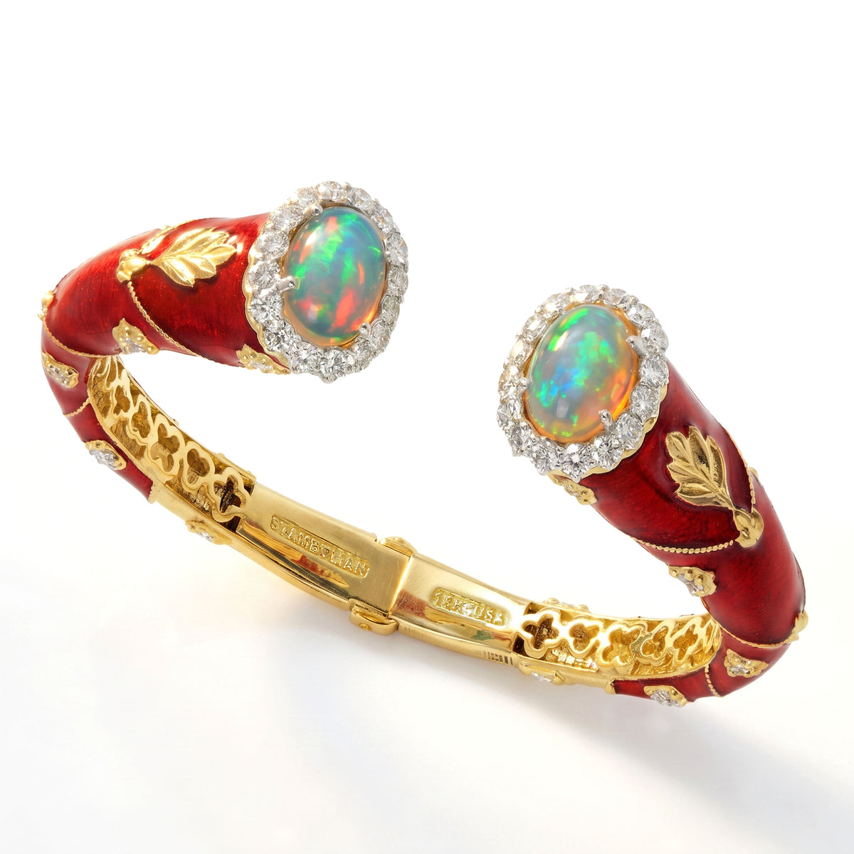 "Colors of Life" red enamel cuff bracelet with Ethiopian opals and diamonds in 18K gold, angled view
