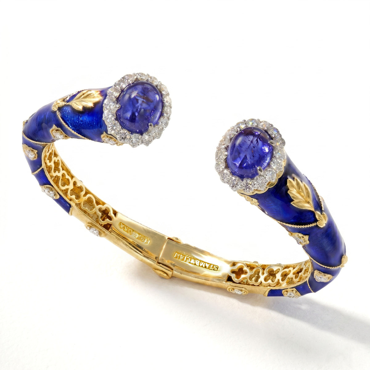 "Colors of Life" 18K gold bracelet with cobalt blue enamel, tanzanite and diamonds, angled view shown open
