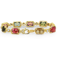 MULTI COLOR CABOCHON TOURMALINE 18K GOLD DIAMOND BRACELET