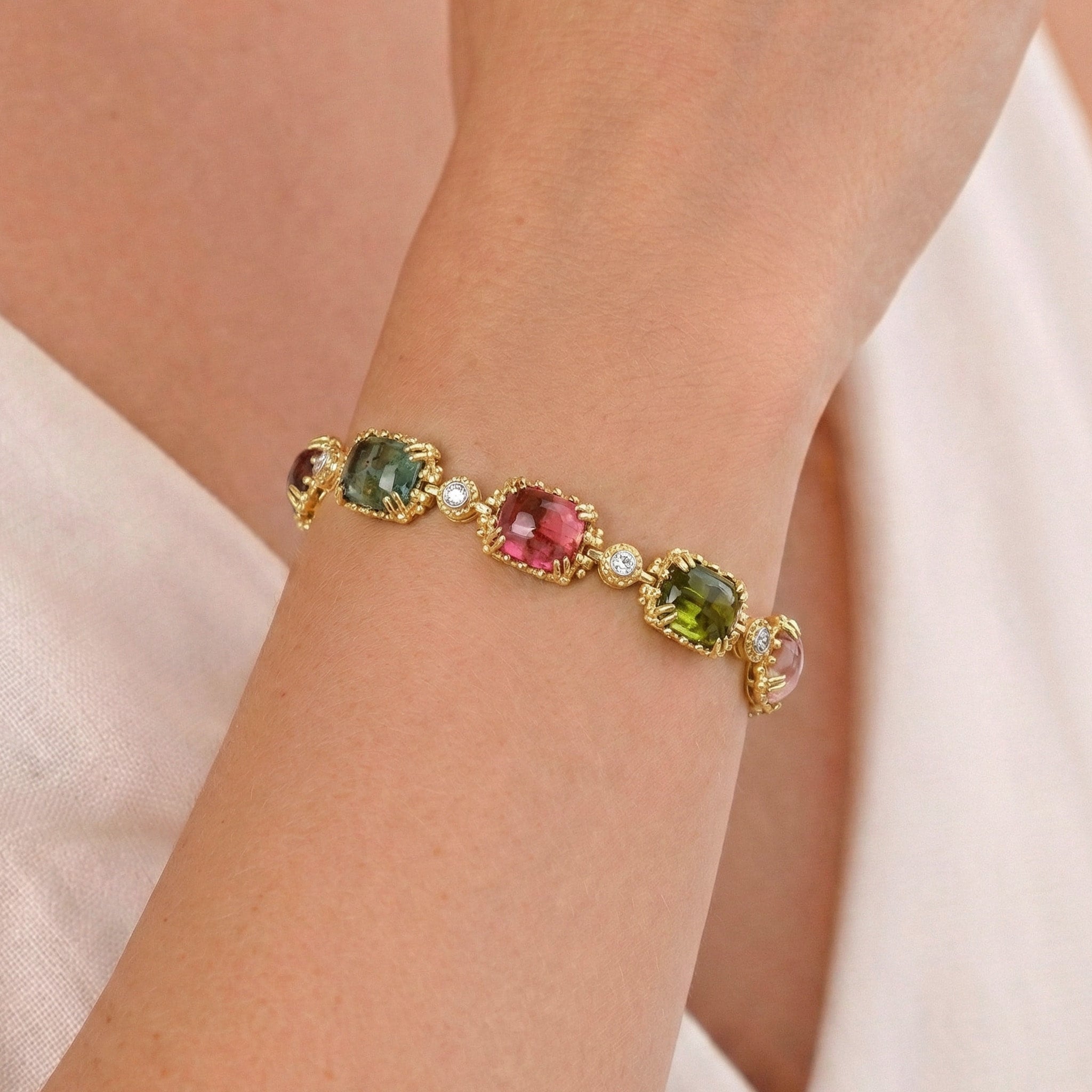 Stambolian Happiness 18K Gold Multi-Color Cushion Tourmaline Diamond Bracelet Full View