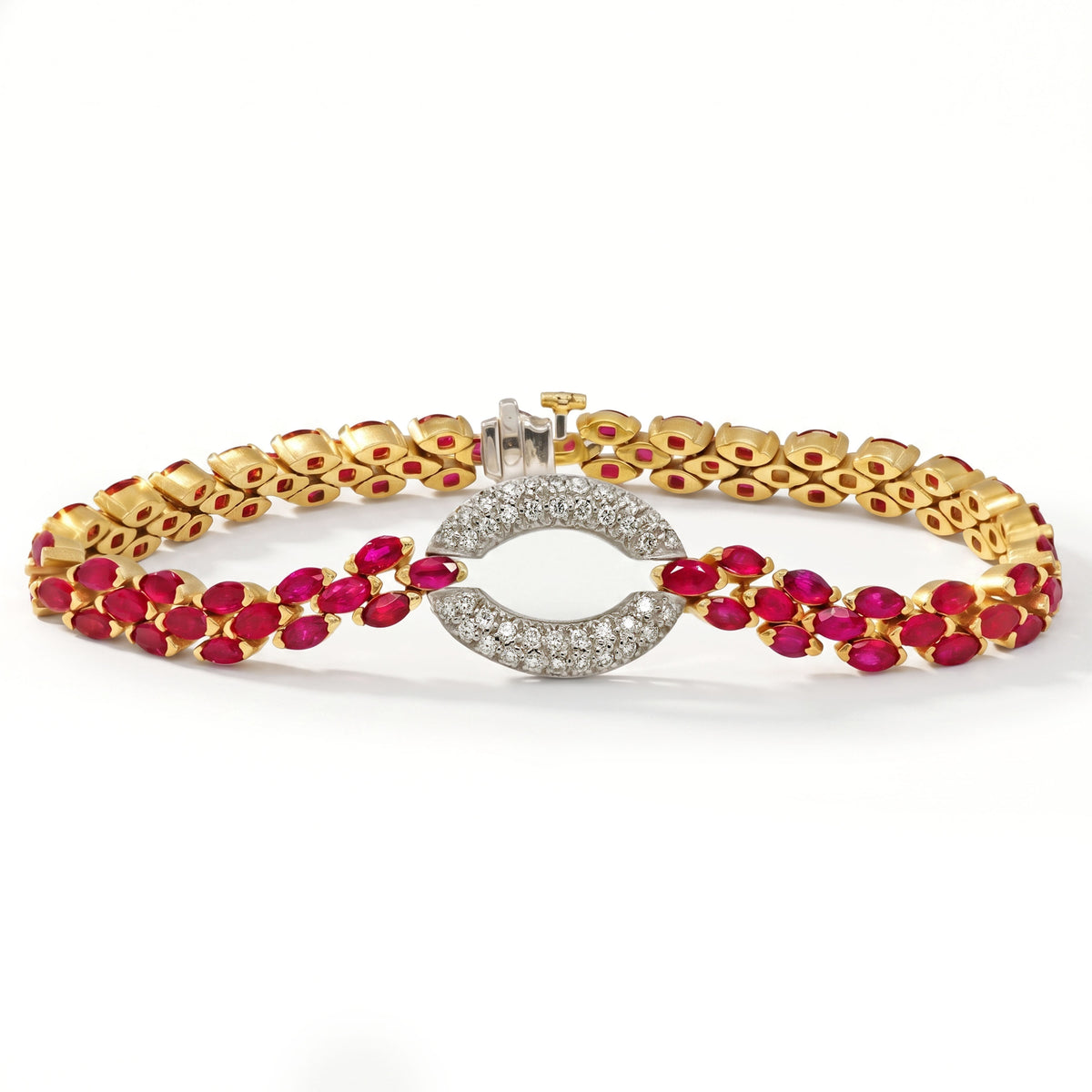 18K gold bracelet with marquise rubies and a diamond pavé oval center, front view of the full bracelet