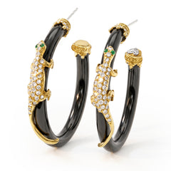 Lizard 18K Yellow Gold Diamond Onyx Hoop Earrings