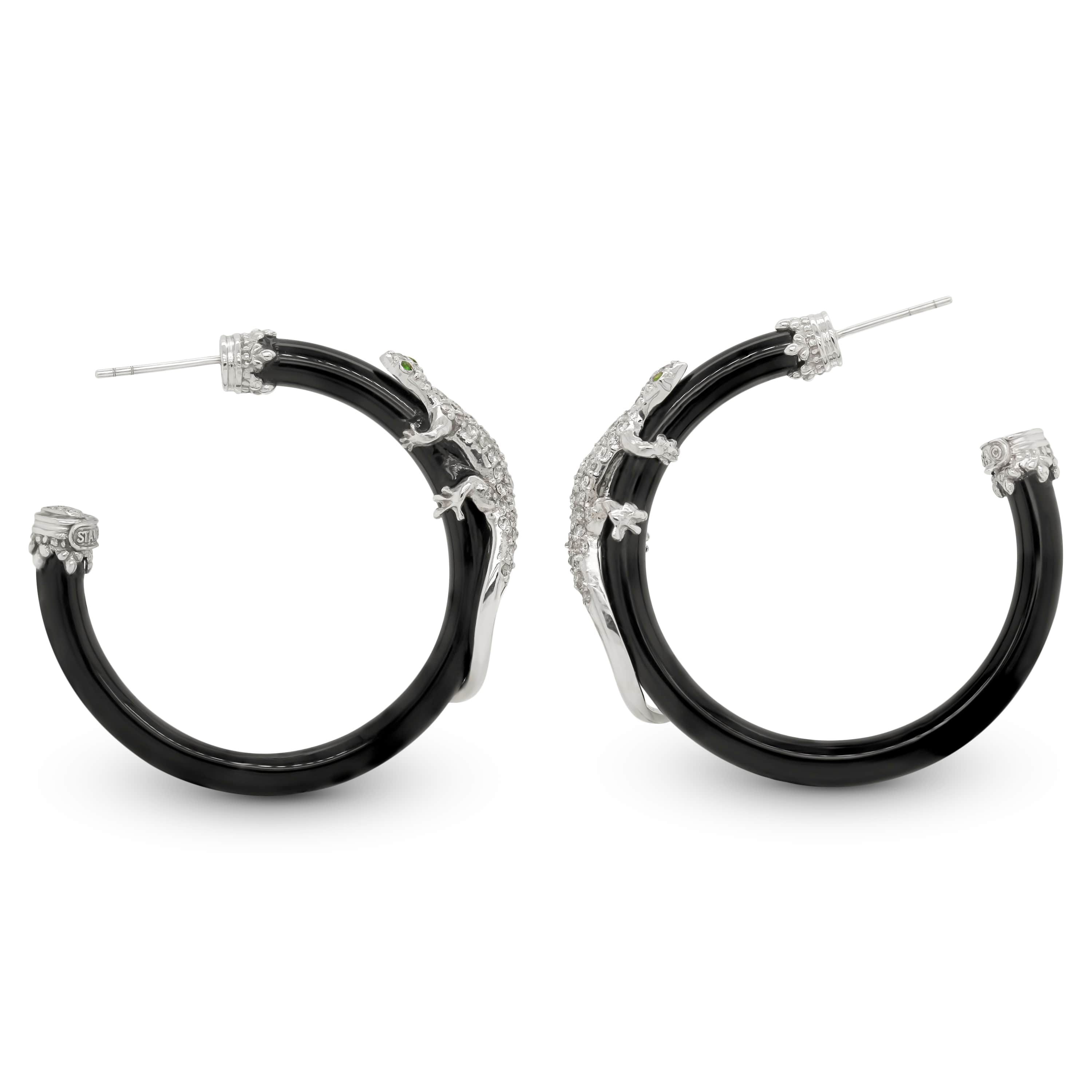 Stambolian 18K White Gold Pavé Diamond Lizard on Black Onyx Hoop Earrings Front View