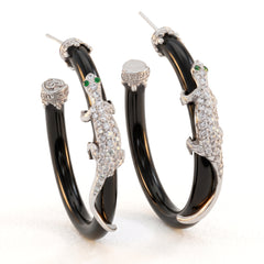 Lizard 18K White Gold Diamond Onyx Hoop Earrings
