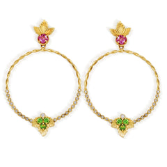 ENCHANTED GARDEN TSAVORITE PINK SAPPHIRE DIAMOND CIRCLE DANGLE EARRINGS