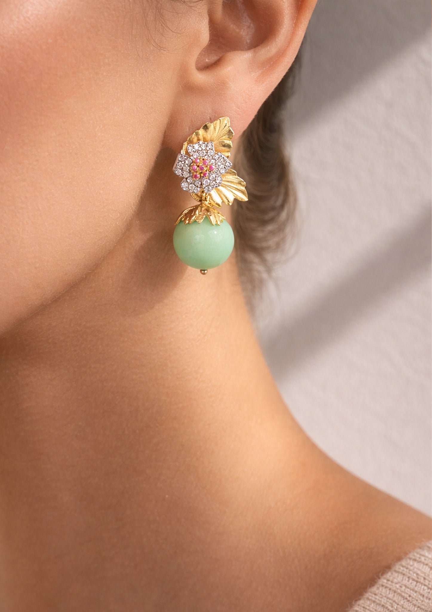 Stambolian Enchanted Garden 18K Gold Chrysoprase Drop Earrings with Pink Sapphire Flowers