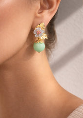 Stambolian Enchanted Garden 18K Gold Chrysoprase Drop Earrings with Pink Sapphire Flowers