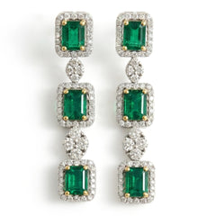 Colombian Emerald Three Tier Diamond Drop Earrings