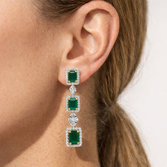 Stambolian 18K White Gold Three-Tier Colombian Emerald Diamond Drop Earrings Front
