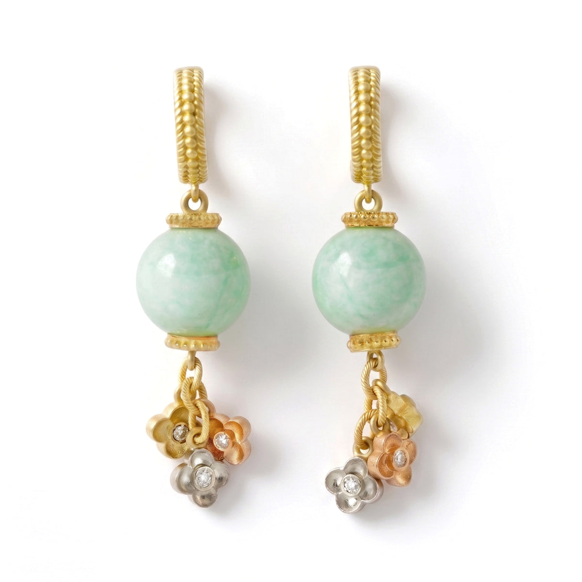 "Candy" 18K tri-color gold drop earrings with mint chrysoprase beads and diamond flowers, pair shown together