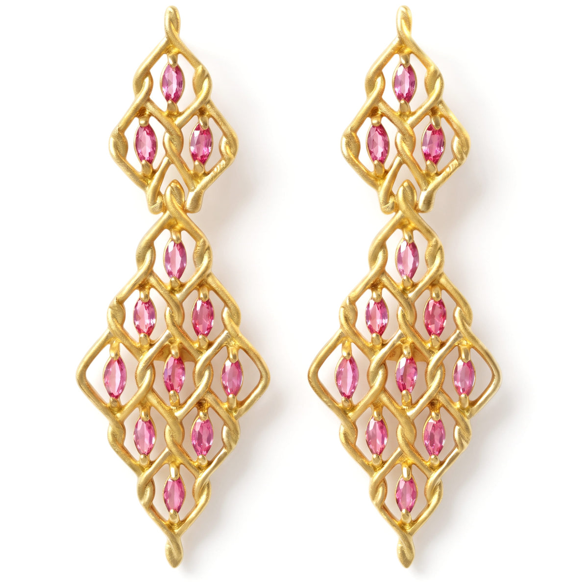 Ambition 18K gold and pink sapphire drop earrings with marquise stones, pair shown together
