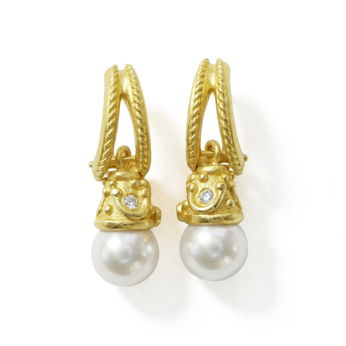 Pearl and diamond drop earrings in 18K yellow gold with granulated caps, pair shown together, front view
