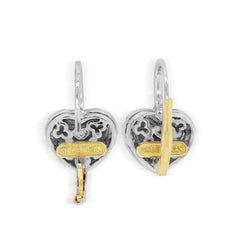 18K TWO TONE GOLD DIAMOND HEART DANGLE EARRINGS