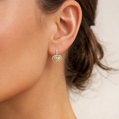 18K TWO TONE GOLD DIAMOND HEART DANGLE EARRINGS