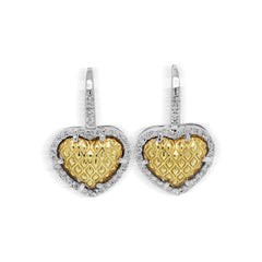 18K TWO TONE GOLD DIAMOND HEART DANGLE EARRINGS