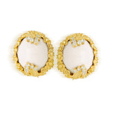 MAYFLOWER 18K GOLD WHITE AGATE DIAMONDS FLORAL BUTTON EARRINGS