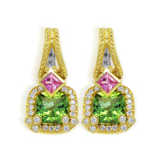 HAPPINESS 18K GOLD PERIDOT PINK SAPPHIRE DIAMOND DANGLE EARRINGS