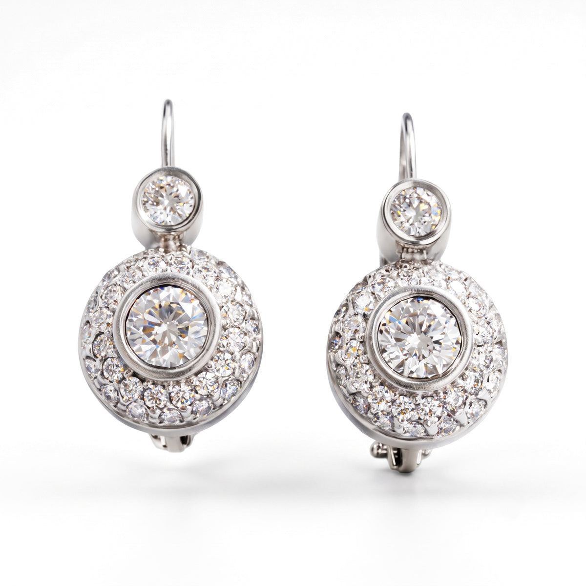 18K white gold and diamond lever back drop dangle earrings, pair shown together, front view