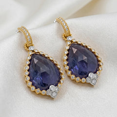 18K Gold Rose Cut Blue Sapphire and Diamond Earrings