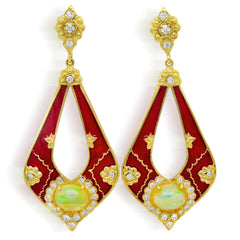 COLORS OF LIFE RED ENAMEL OPALS DIAMOND EARRINGS