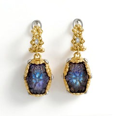 18K Two Tone Gold Floral Carved Labradorite Drop Earrings