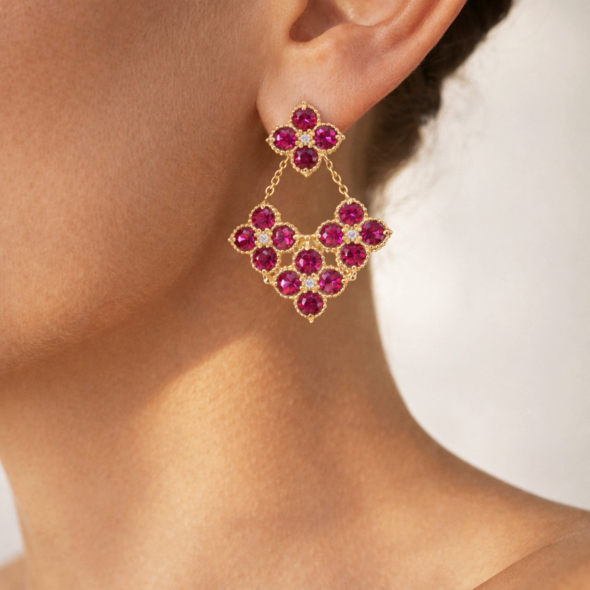 Stambolian Happiness 18K Gold Magenta Garnet and Diamond Heart Cluster Earrings Front View