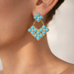 Stambolian Happiness 18K Gold Sleeping Beauty Turquoise and Diamond Double-Drop Earrings Front View