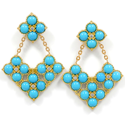 Sleeping Beauty turquoise and diamond double drop earrings in 18K gold, front view of the pair