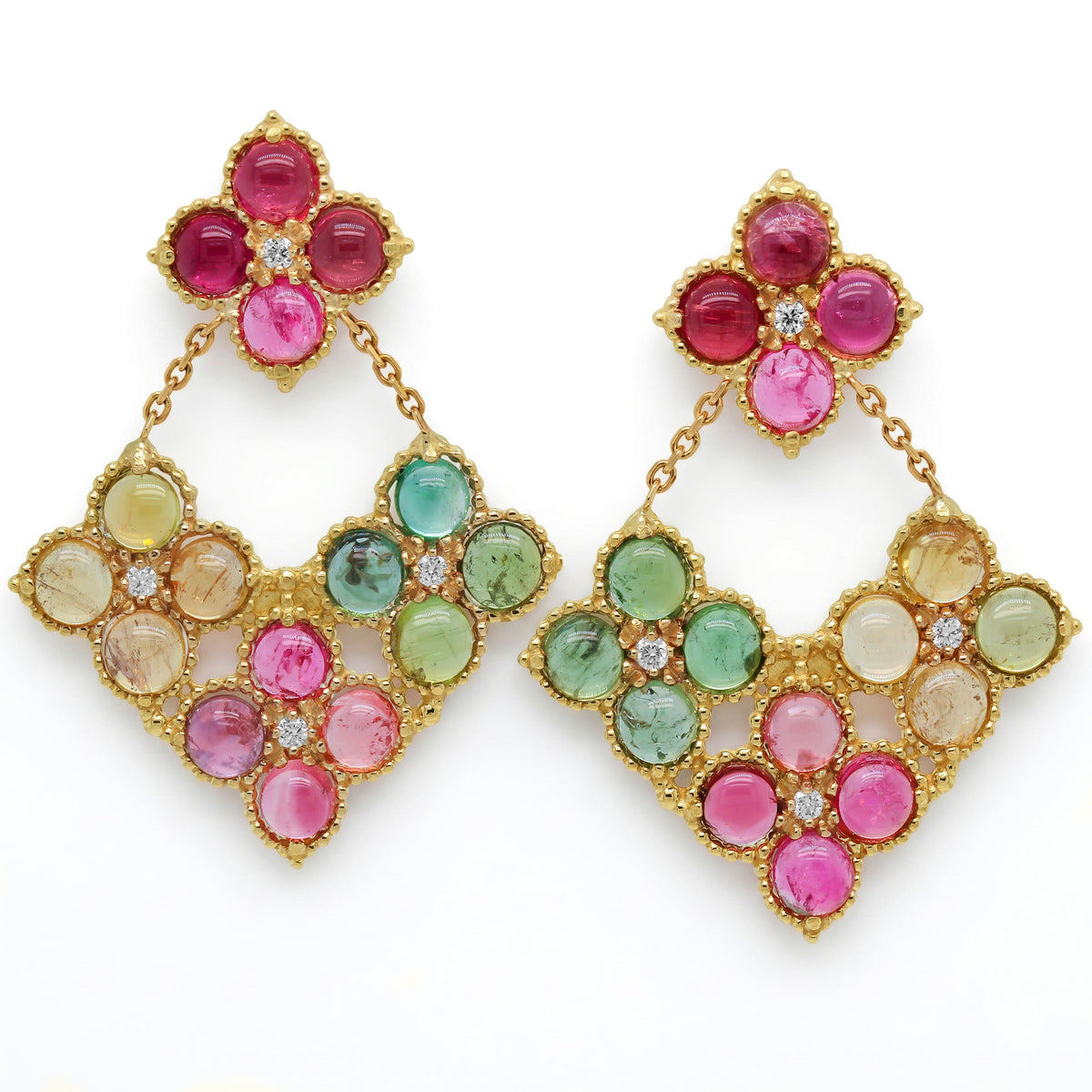 Happiness 18K gold earrings with multi color tourmaline cabochons and diamonds, pair shown together