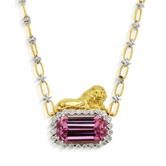 Stambolian Two King 18K Gold Lion and Kunzite Diamond Pendant Necklace Front View