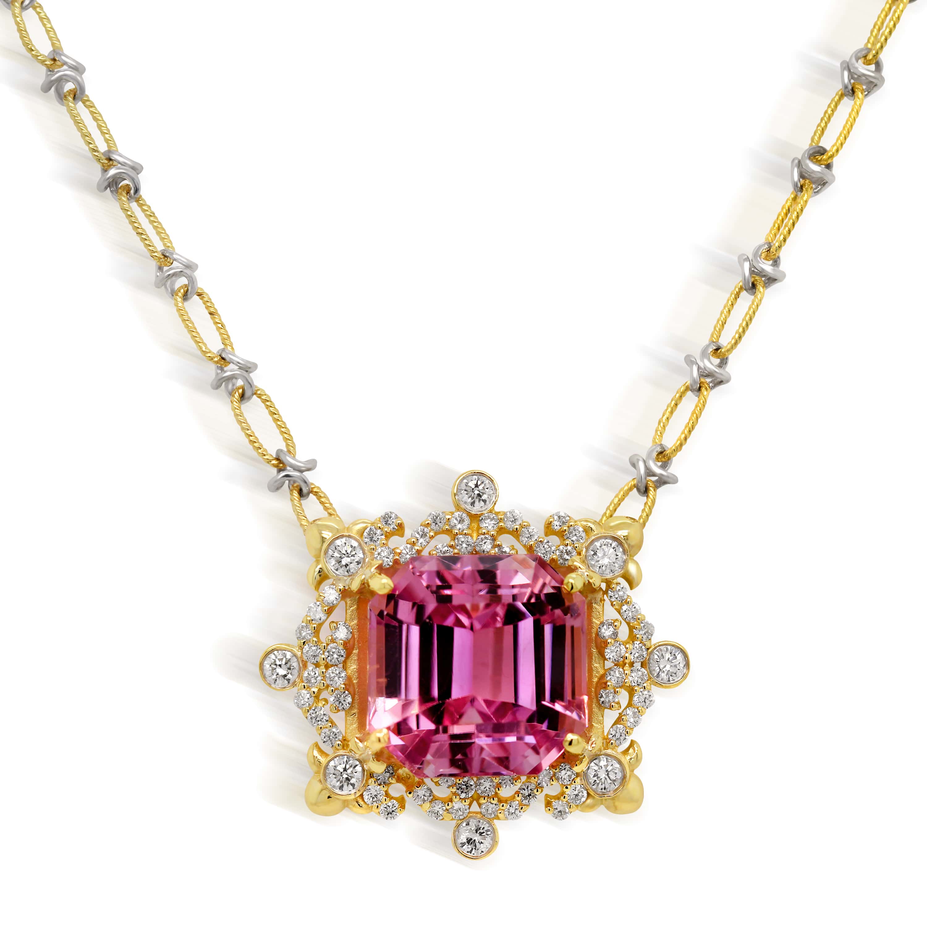Stambolian 18K Two-Tone Gold Emerald-Cut Kunzite Diamond Pendant Close-Up