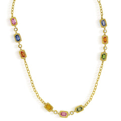 Stambolian 18K Gold Multi-Color Sapphire Diamond Three-Station Necklace Full View