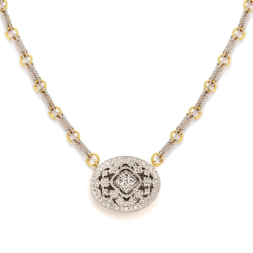 Stambolian Passion 18K Two-Tone Gold Diamond Oval Pendant with Handmade Double Chain