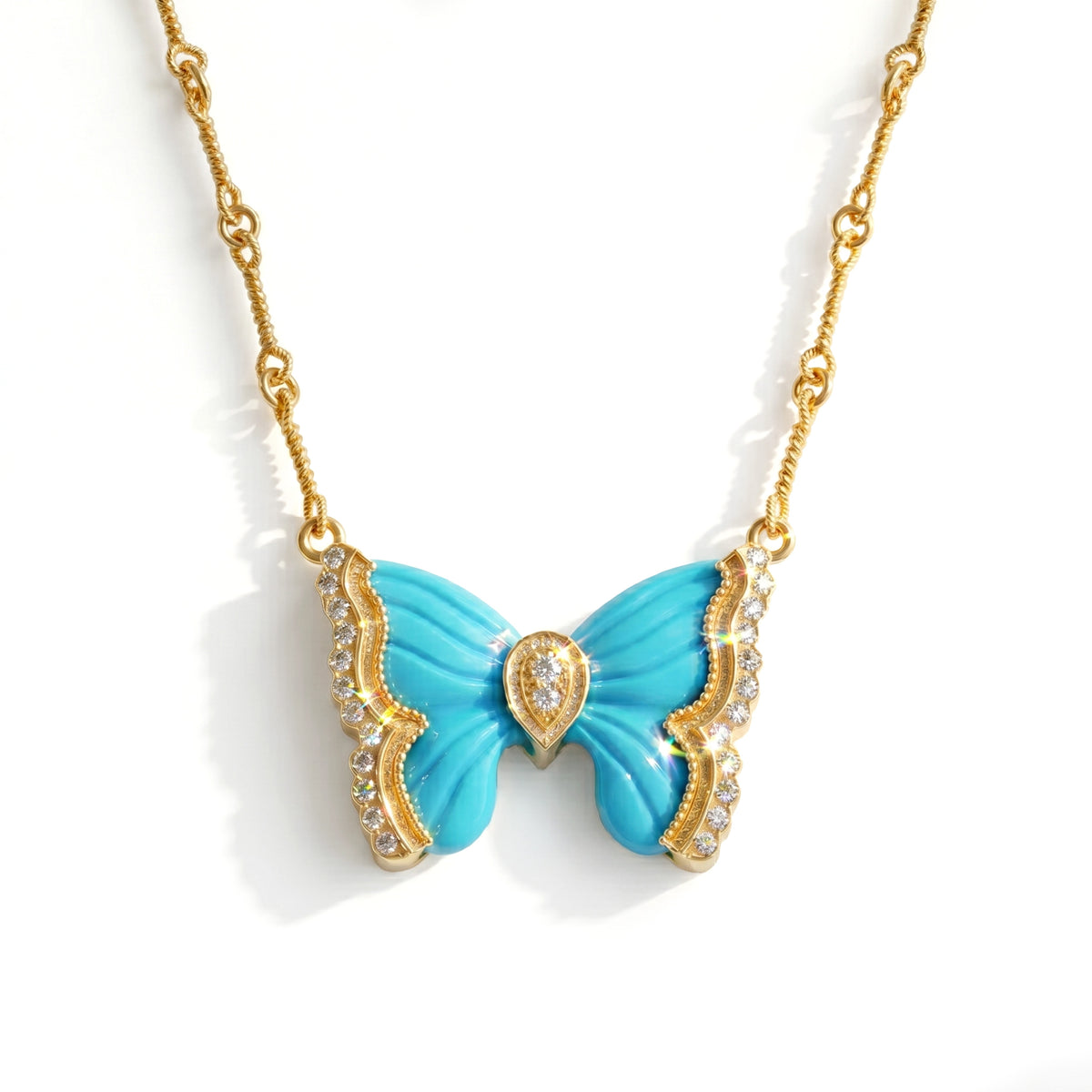 "Candy" 18K gold butterfly pendant necklace with turquoise wings and diamonds, front view